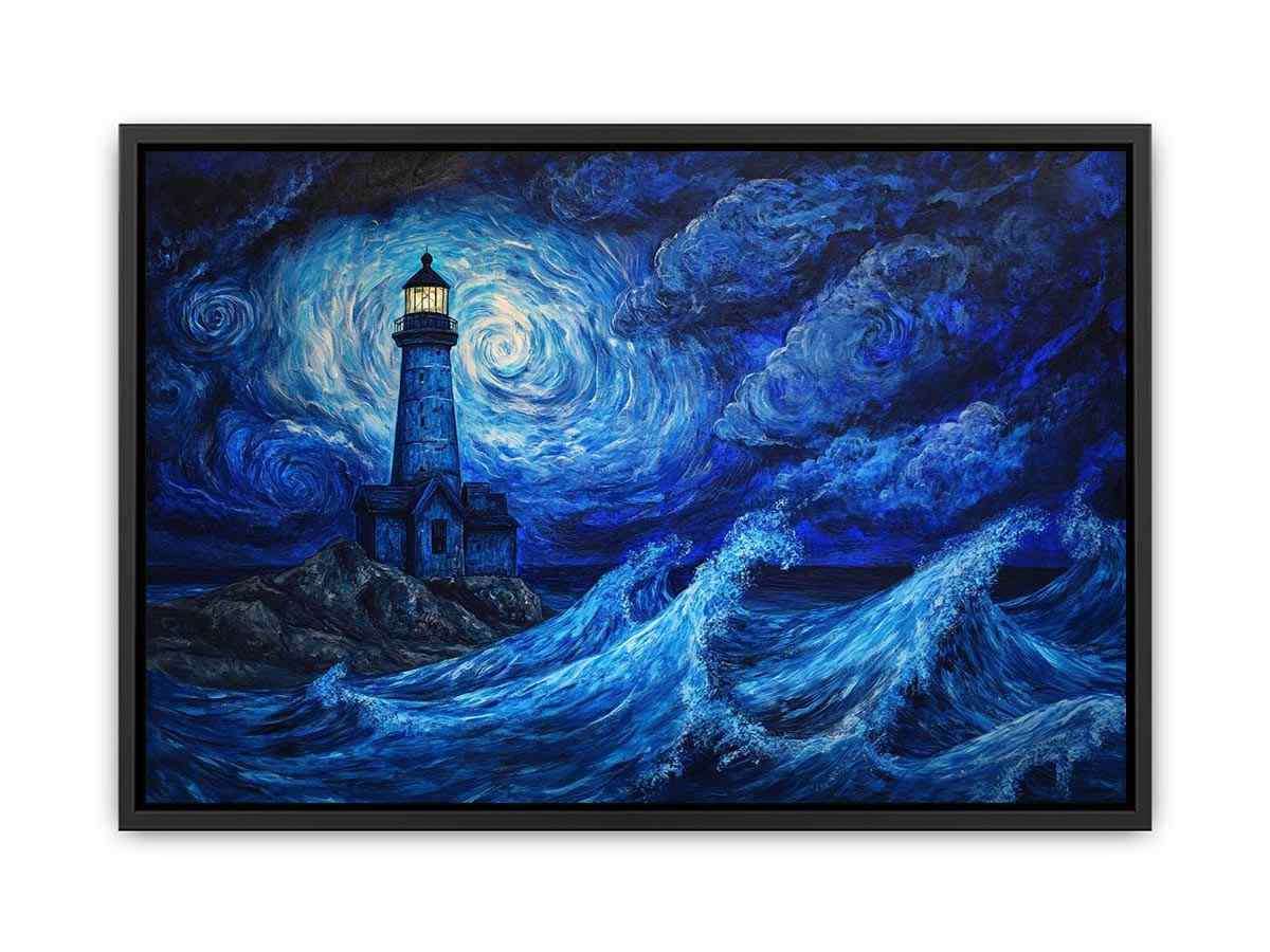 Moonlit lighthouse canvas art with blue ocean waves for moody coastal wall decor.