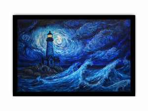 Moonlit lighthouse canvas art with blue ocean waves for moody coastal wall decor.