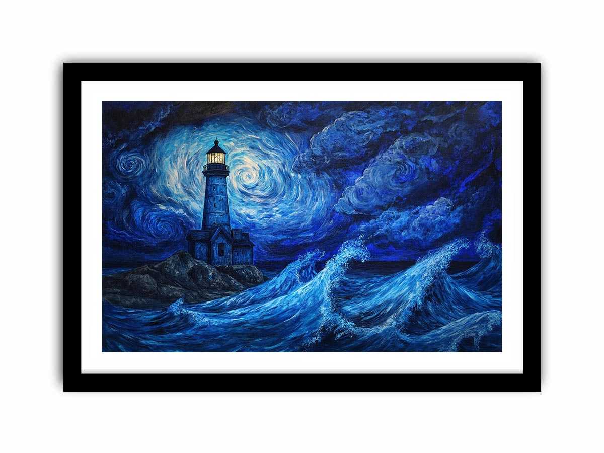 Moonlit lighthouse canvas art with blue ocean waves for moody coastal wall decor.