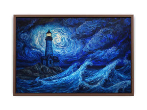 Moonlit lighthouse canvas art with blue ocean waves for moody coastal wall decor.