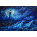 Moonlit lighthouse canvas art with blue ocean waves for moody coastal wall decor.
