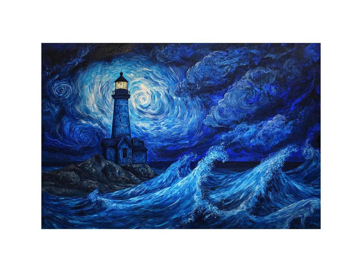 Moonlit lighthouse canvas art with blue ocean waves for moody coastal wall decor.