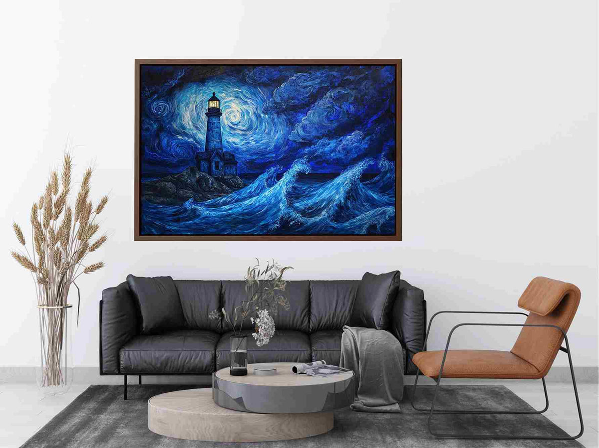 Moonlit lighthouse canvas art with blue ocean waves for moody coastal wall decor.