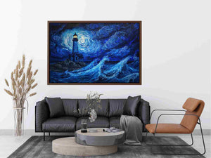 Moonlit lighthouse canvas art with blue ocean waves for moody coastal wall decor.