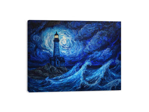 Moonlit lighthouse canvas art with blue ocean waves for moody coastal wall decor.