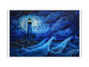 Moonlit lighthouse canvas art with blue ocean waves for moody coastal wall decor.
