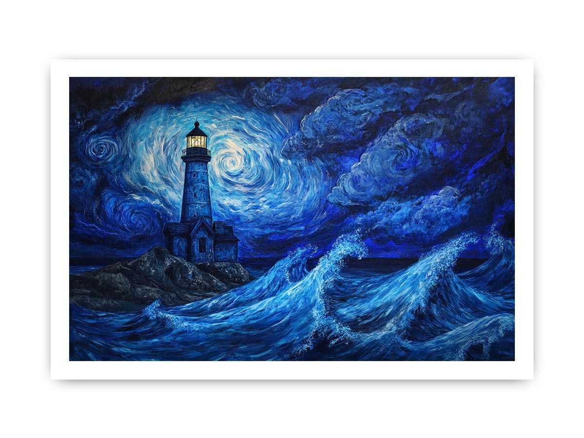 Moonlit lighthouse canvas art with blue ocean waves for moody coastal wall decor.