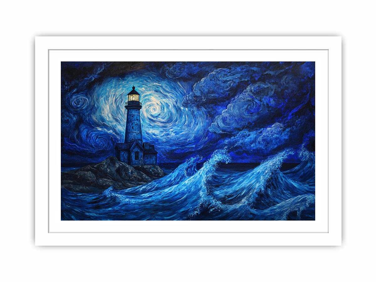 Moonlit lighthouse canvas art with blue ocean waves for moody coastal wall decor.