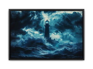 Dark storm lighthouse canvas art with ocean waves for moody coastal interior decor.