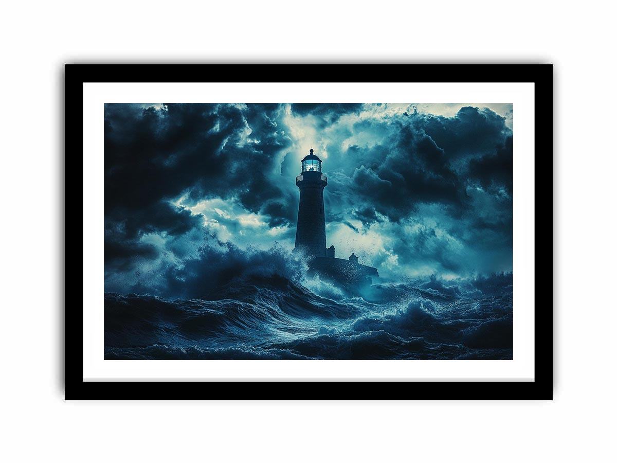 Dark storm lighthouse canvas art with ocean waves for moody coastal interior decor.