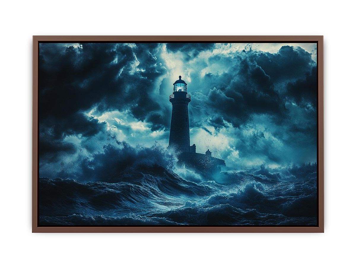 Dark storm lighthouse canvas art with ocean waves for moody coastal interior decor.