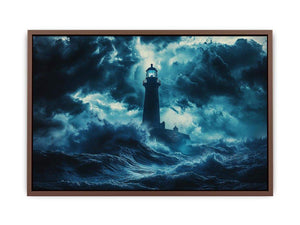 Dark storm lighthouse canvas art with ocean waves for moody coastal interior decor.