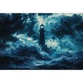 Dark storm lighthouse canvas art with ocean waves for moody coastal interior decor.