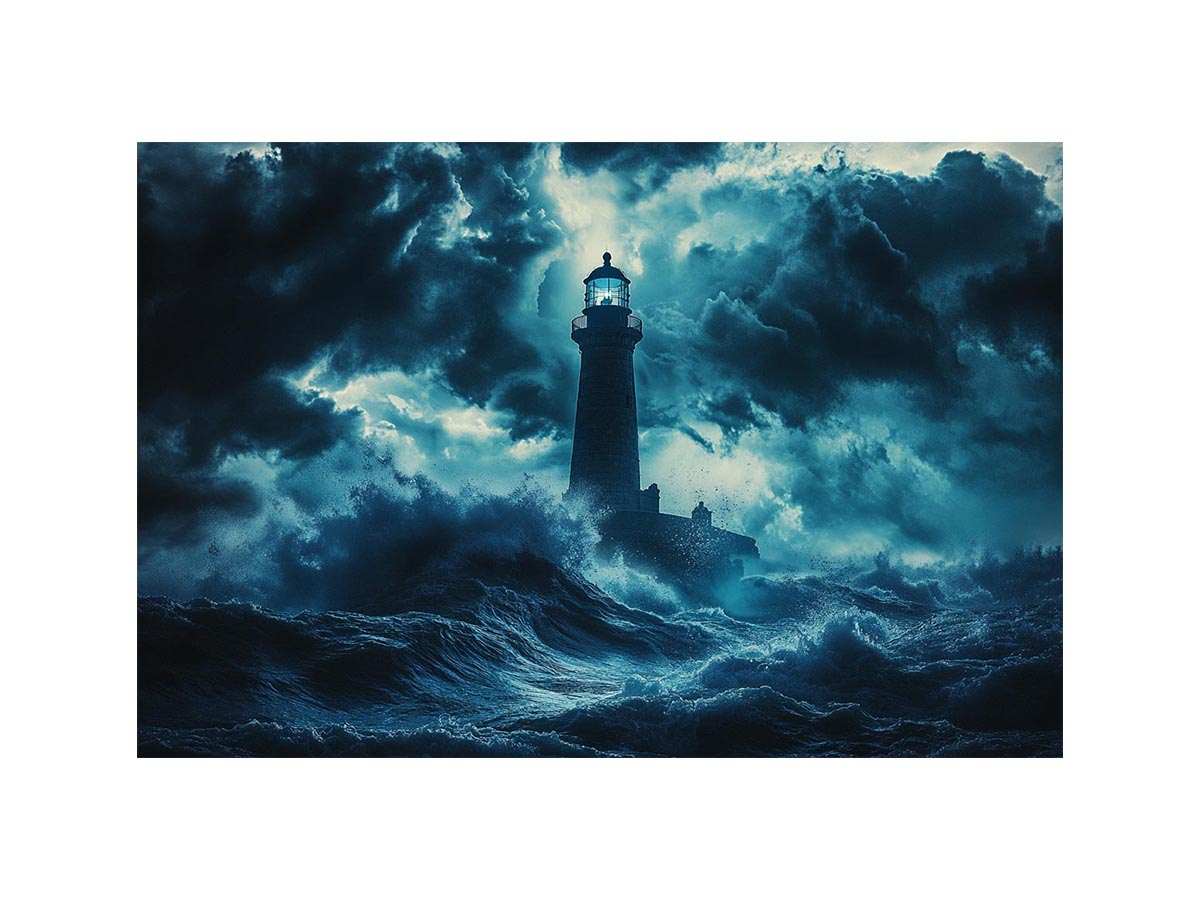 Dark storm lighthouse canvas art with ocean waves for moody coastal interior decor.