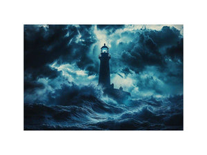 Dark storm lighthouse canvas art with ocean waves for moody coastal interior decor.