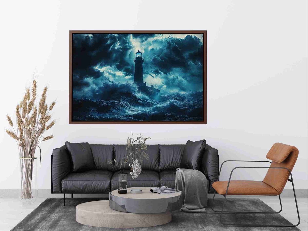 Dark storm lighthouse canvas art with ocean waves for moody coastal interior decor.