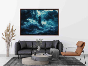 Dark storm lighthouse canvas art with ocean waves for moody coastal interior decor.