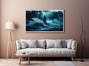 Dark storm lighthouse canvas art with ocean waves for moody coastal interior decor.