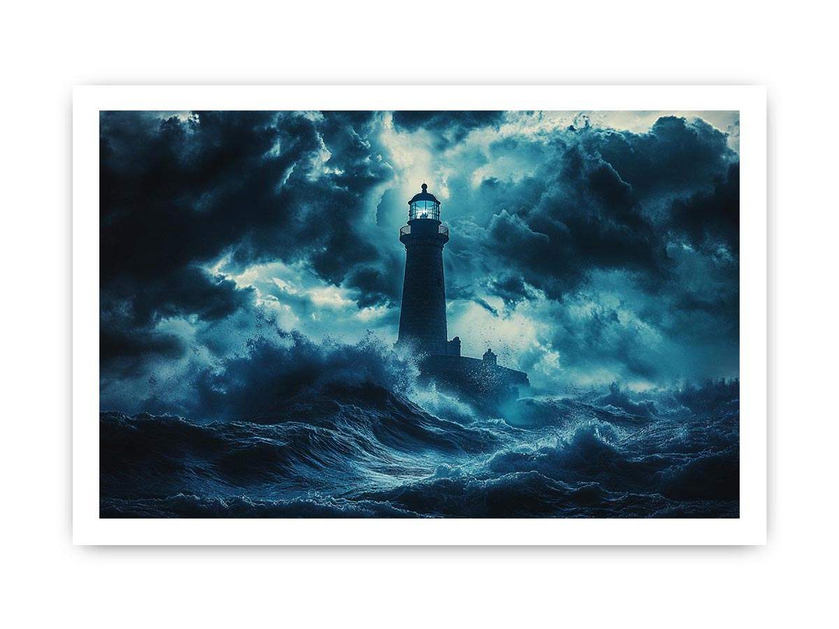 Dark storm lighthouse canvas art with ocean waves for moody coastal interior decor.