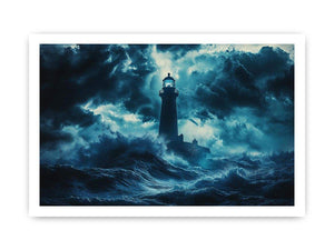 Dark storm lighthouse canvas art with ocean waves for moody coastal interior decor.