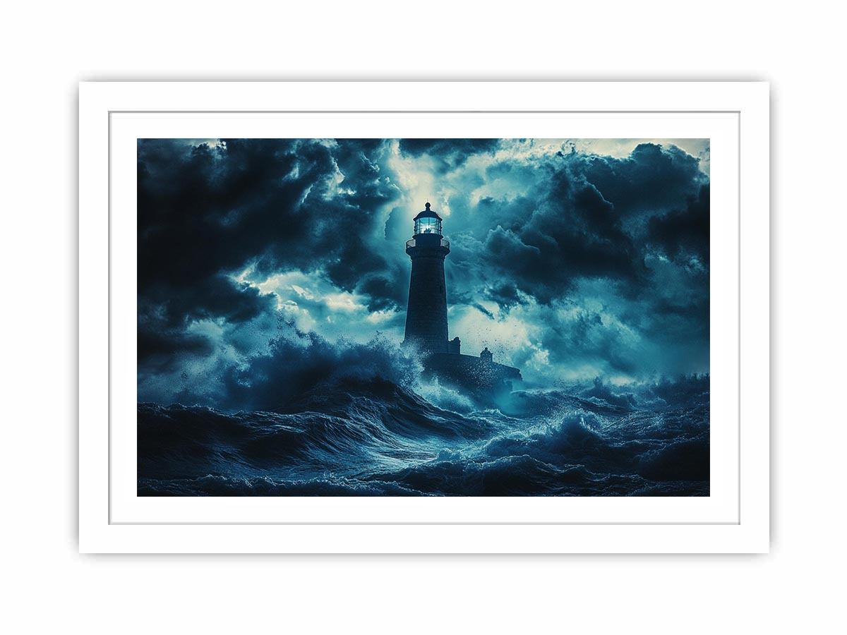 Dark storm lighthouse canvas art with ocean waves for moody coastal interior decor.