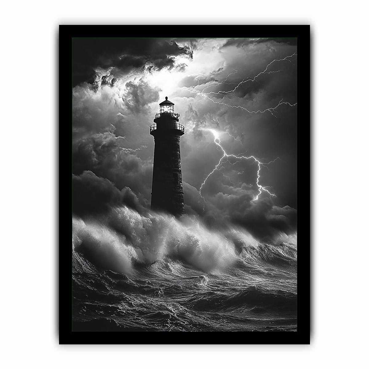 Black and white lighthouse canvas art with lightning storm for modern coastal decor.
