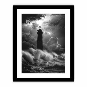 Black and white lighthouse canvas art with lightning storm for modern coastal decor.