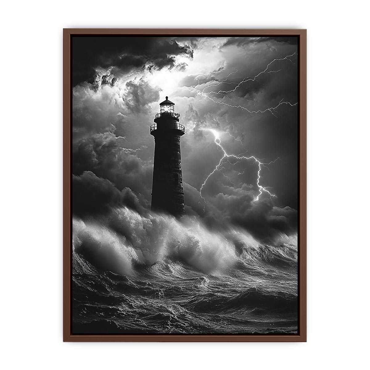 Black and white lighthouse canvas art with lightning storm for modern coastal decor.