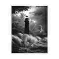Black and white lighthouse canvas art with lightning storm for modern coastal decor.