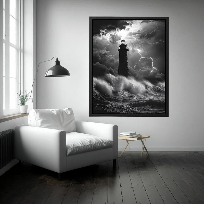 Black and white lighthouse canvas art with lightning storm for modern coastal decor.