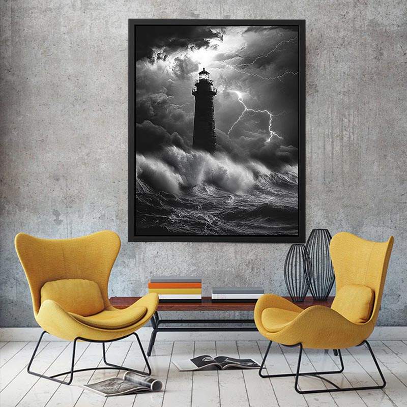 Black and white lighthouse canvas art with lightning storm for modern coastal decor.