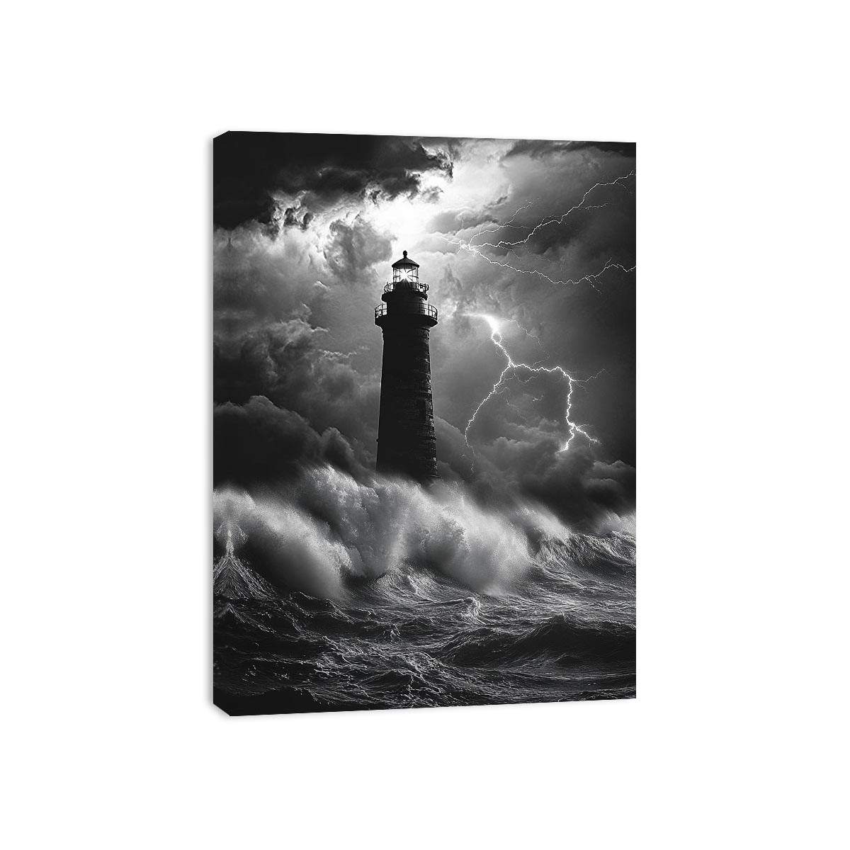 Black and white lighthouse canvas art with lightning storm for modern coastal decor.