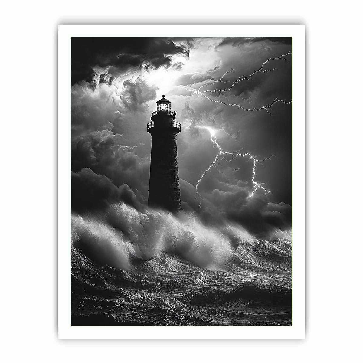 Black and white lighthouse canvas art with lightning storm for modern coastal decor.