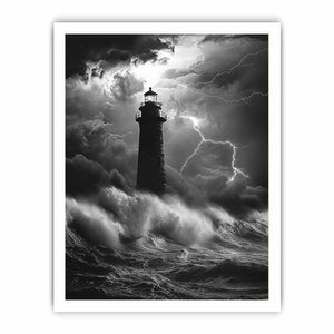 Black and white lighthouse canvas art with lightning storm for modern coastal decor.