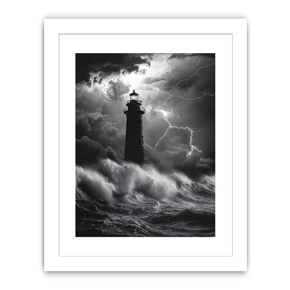 Black and white lighthouse canvas art with lightning storm for modern coastal decor.