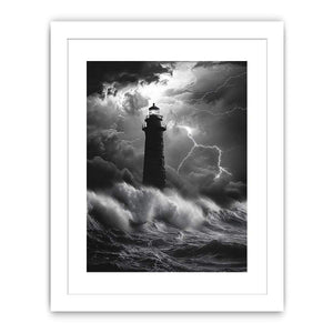 Black and white lighthouse canvas art with lightning storm for modern coastal decor.