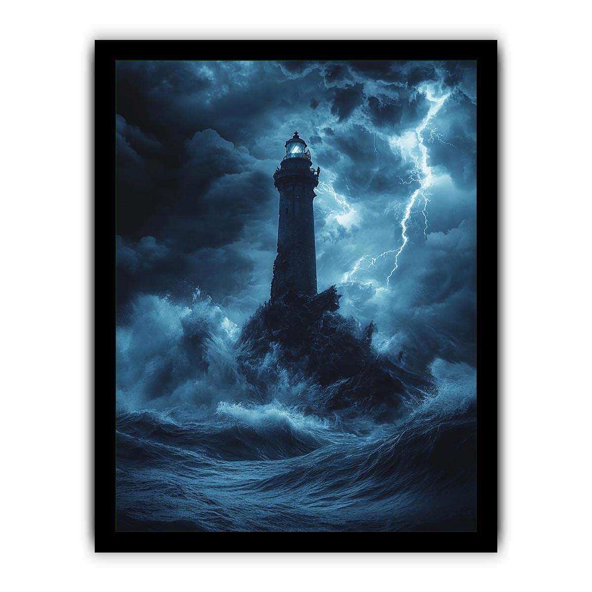 Moody blue lighthouse canvas art with lightning and storm waves for coastal room decor.