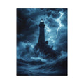 Moody blue lighthouse canvas art with lightning and storm waves for coastal room decor.
