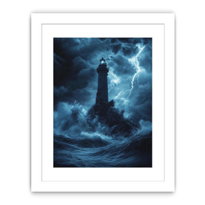 Moody blue lighthouse canvas art with lightning and storm waves for coastal room decor.