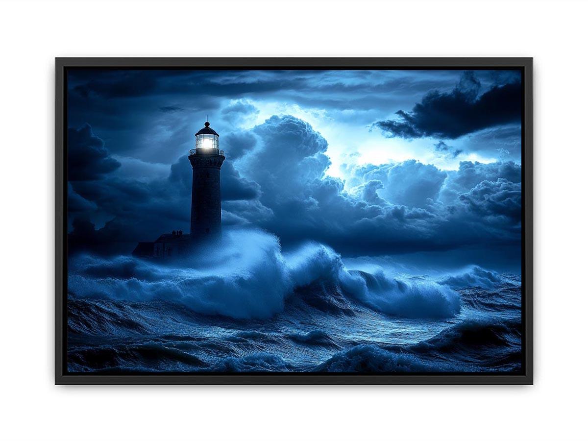 blue lighthouse canvas art with night ocean waves for coastal living room decor.