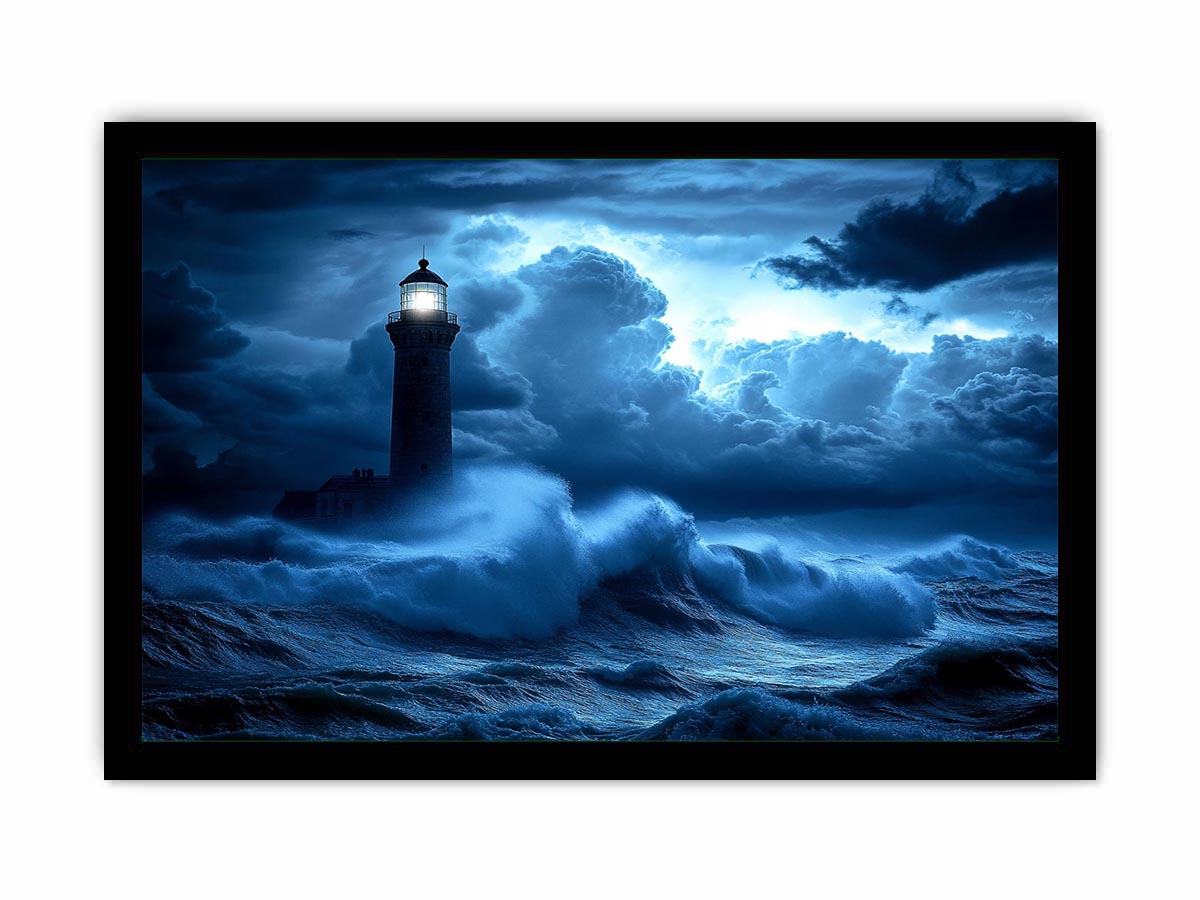 blue lighthouse canvas art with night ocean waves for coastal living room decor.