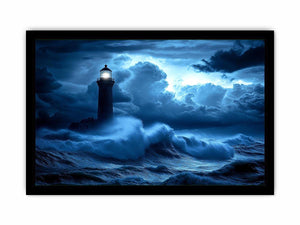 blue lighthouse canvas art with night ocean waves for coastal living room decor.