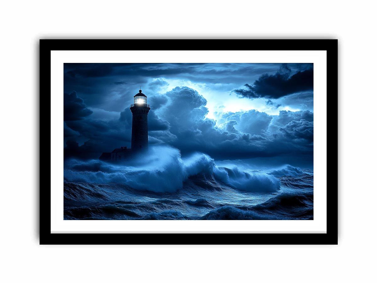 blue lighthouse canvas art with night ocean waves for coastal living room decor.