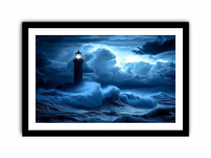 blue lighthouse canvas art with night ocean waves for coastal living room decor.