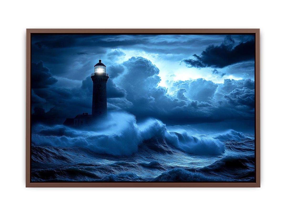blue lighthouse canvas art with night ocean waves for coastal living room decor.