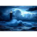 blue lighthouse canvas art with night ocean waves for coastal living room decor.