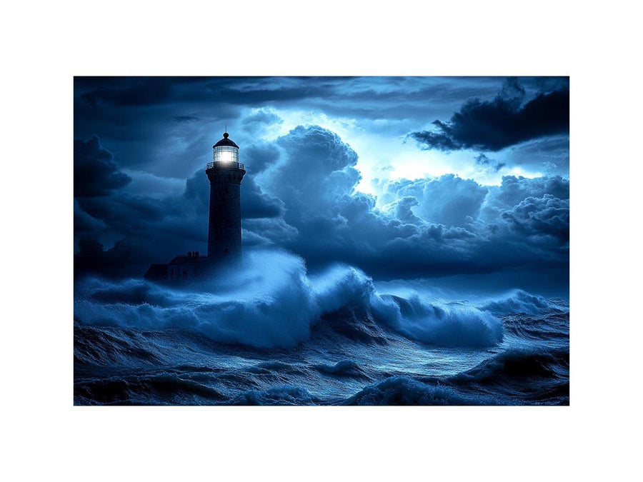 blue lighthouse canvas art with night ocean waves for coastal living room decor.