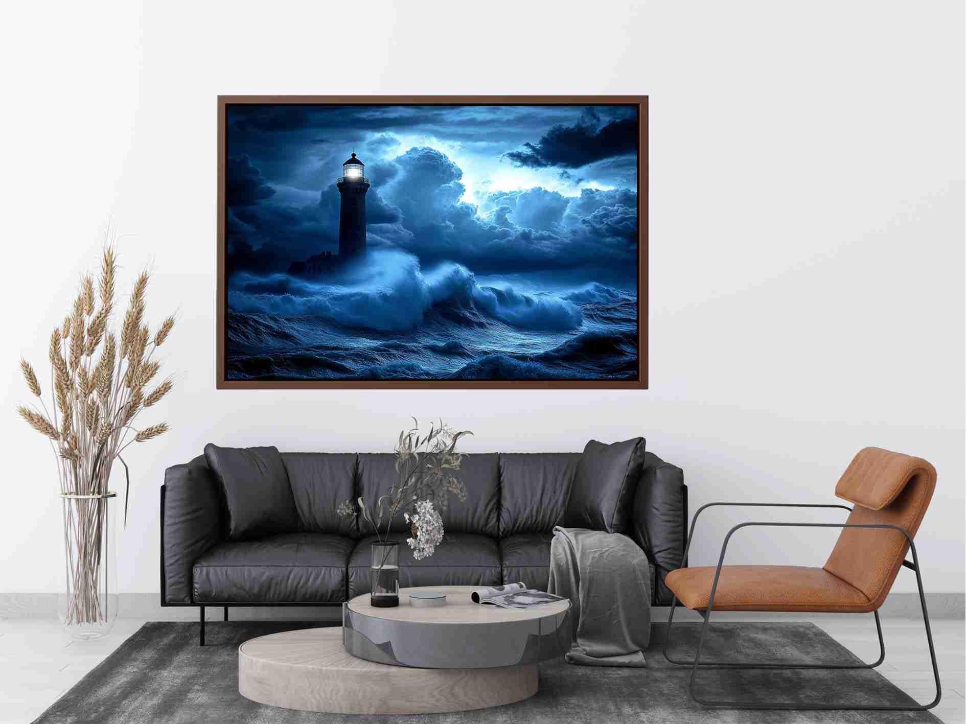 blue lighthouse canvas art with night ocean waves for coastal living room decor.