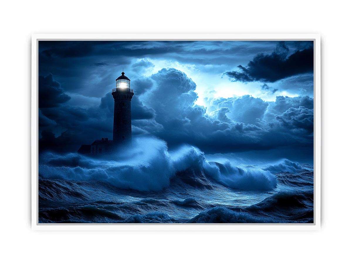 blue lighthouse canvas art with night ocean waves for coastal living room decor.