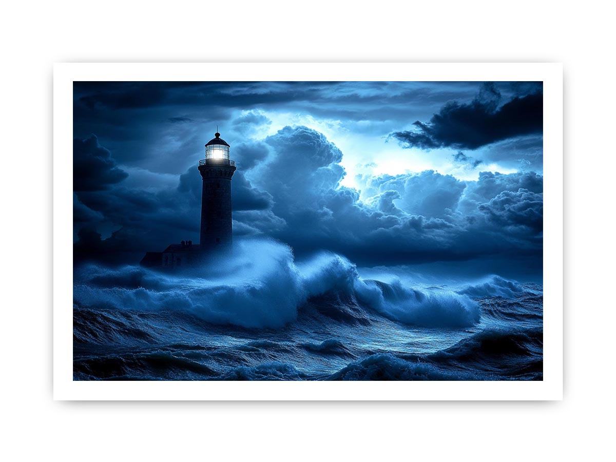 blue lighthouse canvas art with night ocean waves for coastal living room decor.